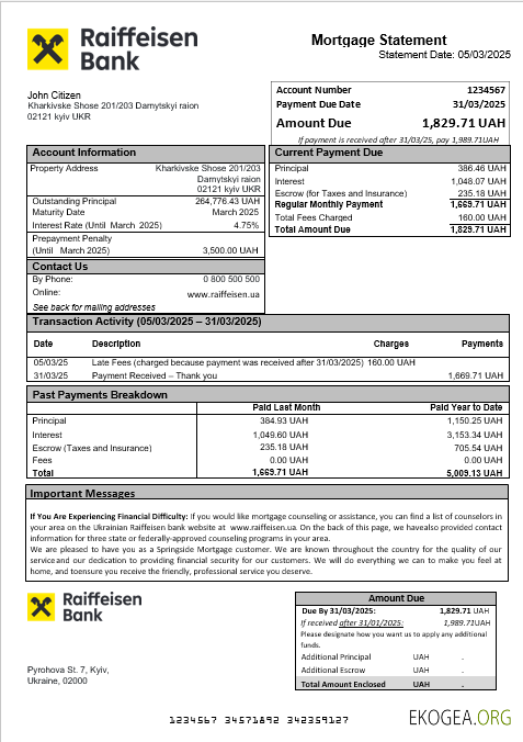 Relevé hypothécaire de la Banque Raiffeisen ukrainienne aux formats Word et PDF
